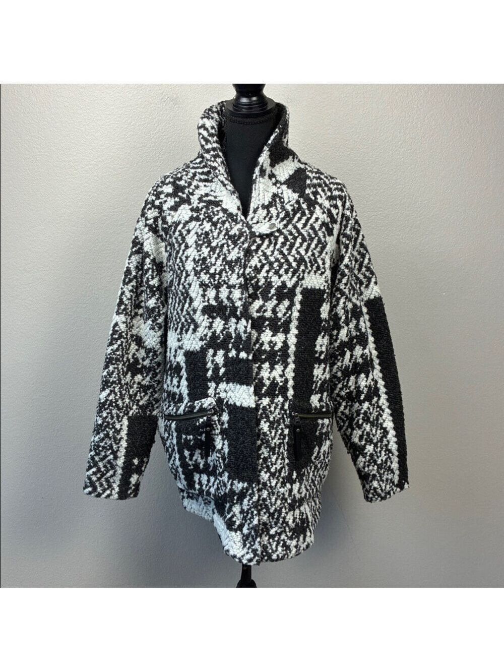 Prana Sakari Jacket Wool Sherpa Lined Shacket Coat Black White Herringbone L - Picture 5 of 12